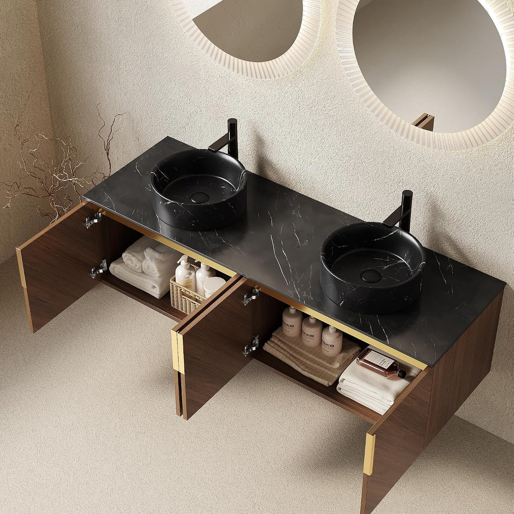 60' Double Sink Bathroom Vanity with Sink Combo, Floating Vanity with Vessel Sink, Wall-Mounted Plywood Bathroom Vanity Storage Cabinet with 4 Doors & 2 Black Round Basin, Brown Oak