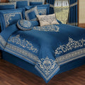 Buckingham Luxury Bedding | Royal Sapphire Blue | Palace-Inspired Elegant Golden Scrollwork Embroidery on Sateen | 7 Piece Set Includes King Comforter, Bedskirt, 2 King Shams & 3 Decorative Pillows