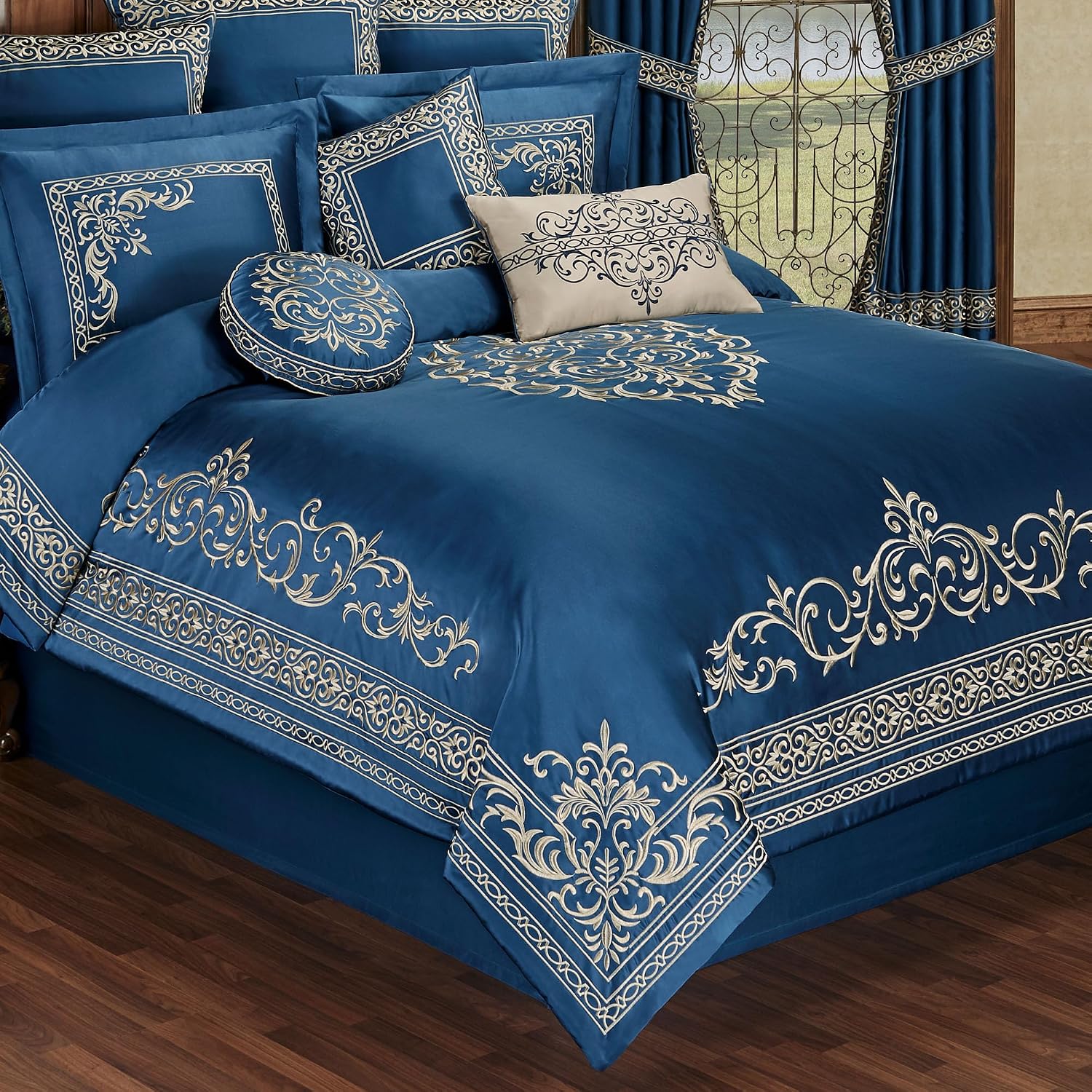 Touch of Class Buckingham Luxury Bedding | Royal Sapphire Blue | Palace-Inspired Elegant Golden Scrollwork Embroidery on Sateen | Designed 4-Piece Set: King Comforter, Bedskirt & 2 King Shams