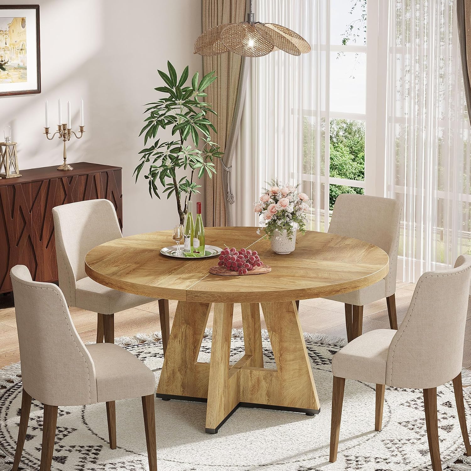 Tribesigns Farmhouse Dining Table, 47 Inch Round Dinner Table for 4, Rustic Round Dining Room Table for Home Dining Room Living Room (Natural)