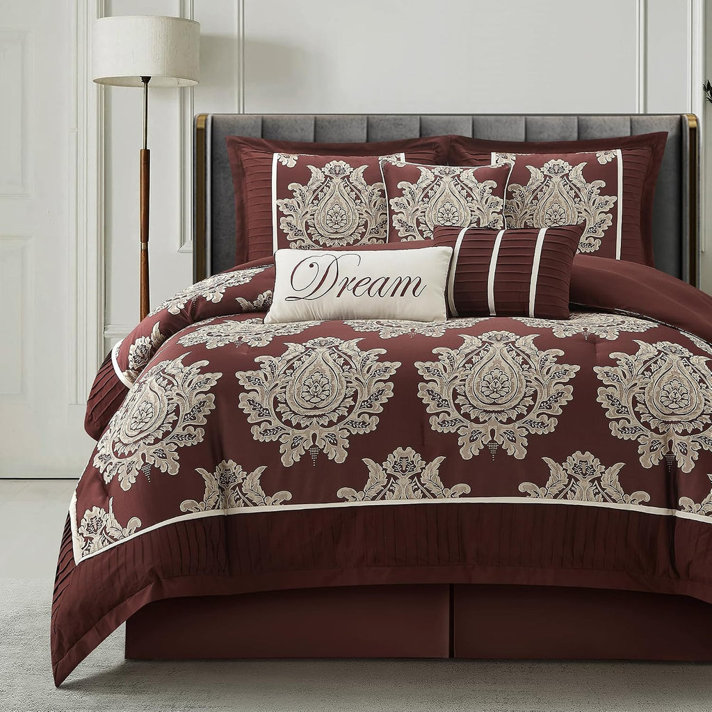 LANCO MODERN LIFESTYLE Burgundy Queen Comforter Set 7 Pieces, Jacquard Woven with Damask, Bedding Set in a Bag Includes Comforter, Bed Skirt, Pillow Shams, and Decorative Pillows
