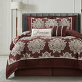 LANCO MODERN LIFESTYLE Burgundy Queen Comforter Set 7 Pieces, Jacquard Woven with Damask, Bedding Set in a Bag Includes Comforter, Bed Skirt, Pillow Shams, and Decorative Pillows