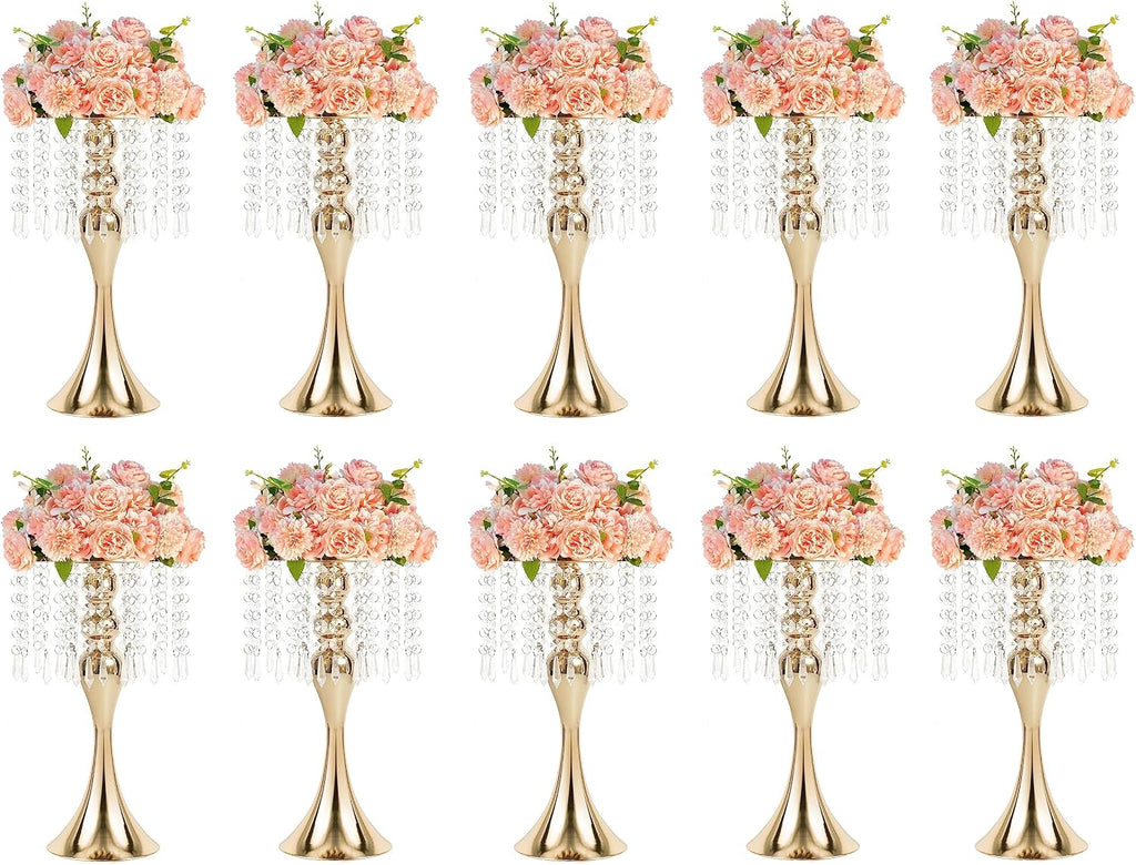 Metal Wedding Centerpieces for Table, Crystal Flower Stands, Wedding Road Lead Flower Holders, Crystal Mermaid Chandelier Flower Vases for Birthday Party Event Wedding Home Decor (Gold, 13'-10pcs)