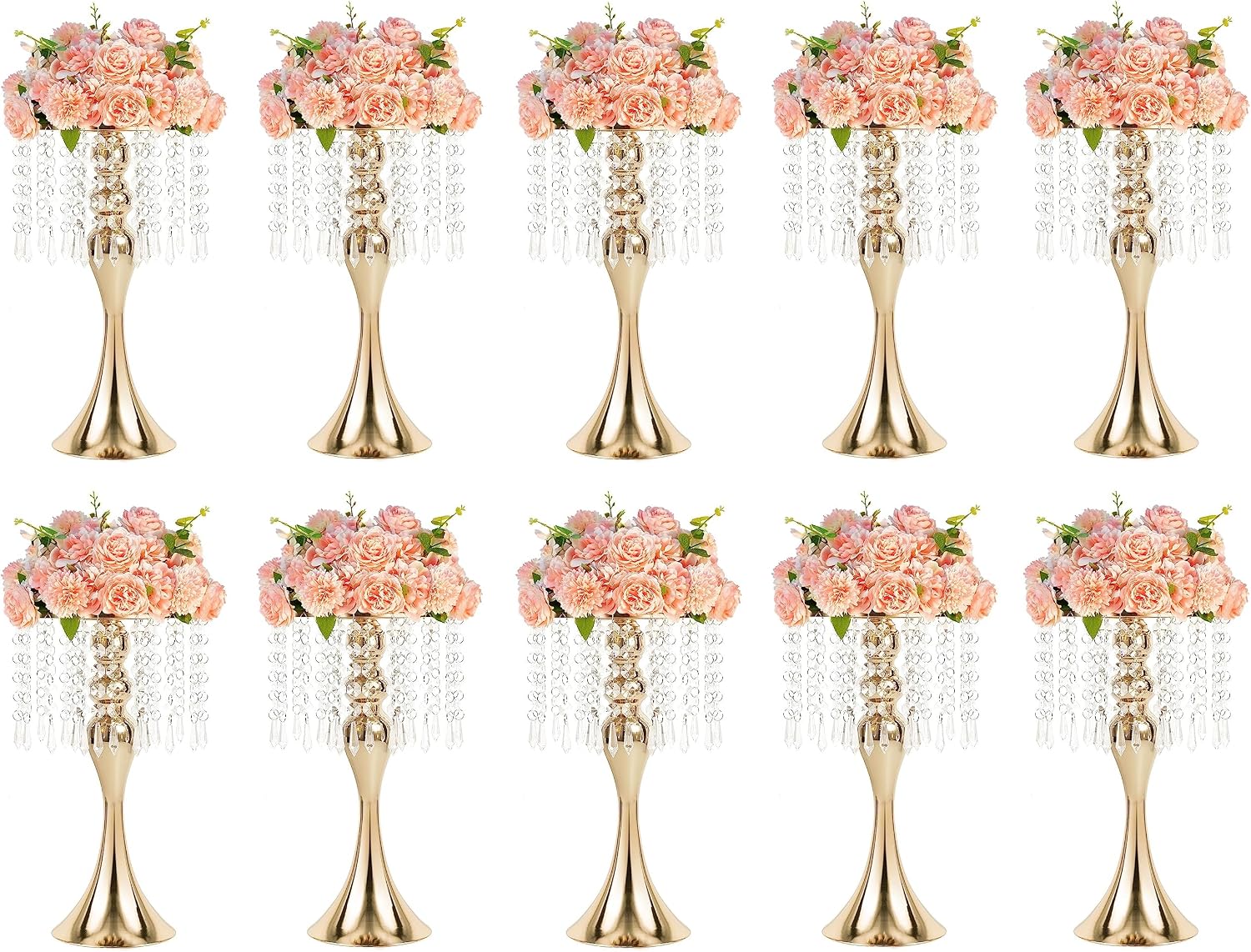 Metal Wedding Centerpieces for Table, Crystal Flower Stands, Wedding Road Lead Flower Holders, Crystal Mermaid Chandelier Flower Vases for Birthday Party Event Wedding Home Decor (Gold, 13'-10pcs)