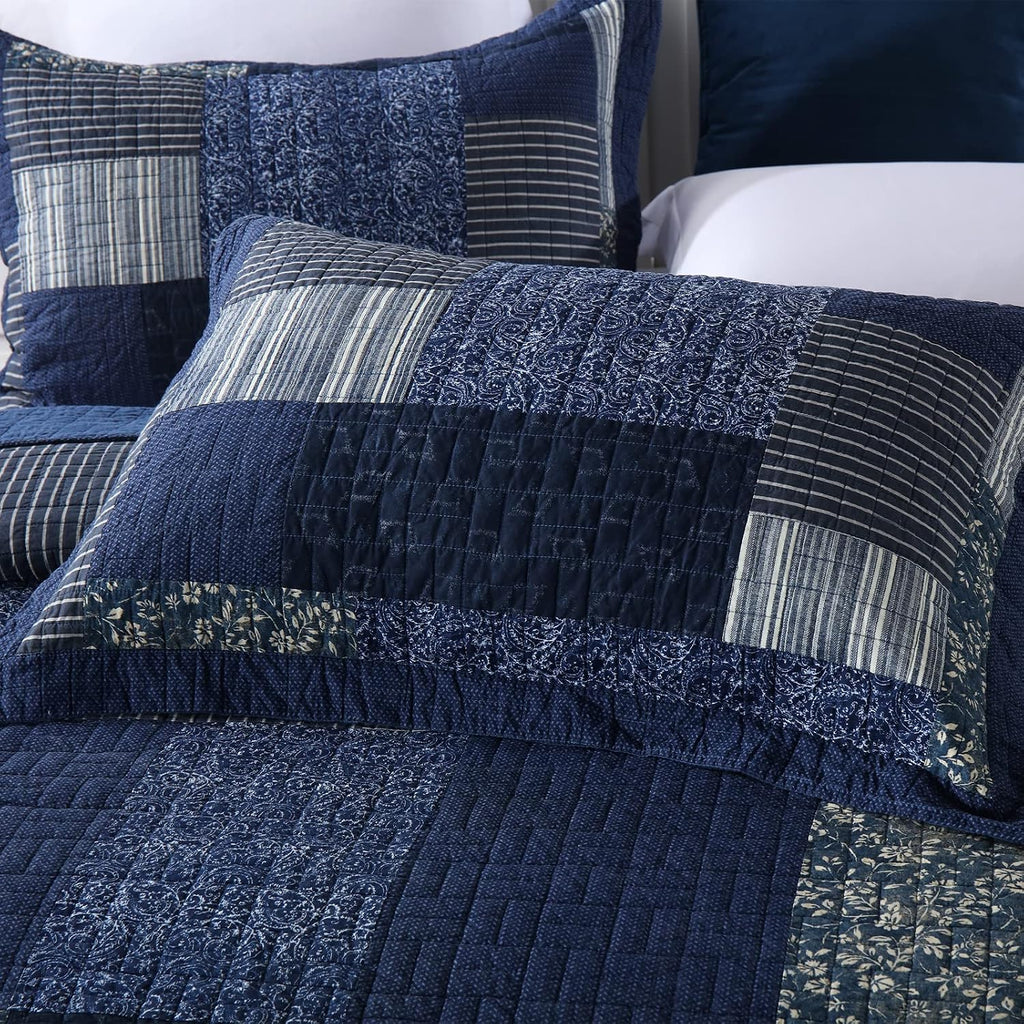 Yvooxny Quilts King Size Reversible Lightweight Bedspread 3-Piece Quilt Set Plaid Floral Patchwork 100% Cotton King Quilt Set Bedding Set with Pillow Shams for All Seasons, Azure Blue, 98x106''