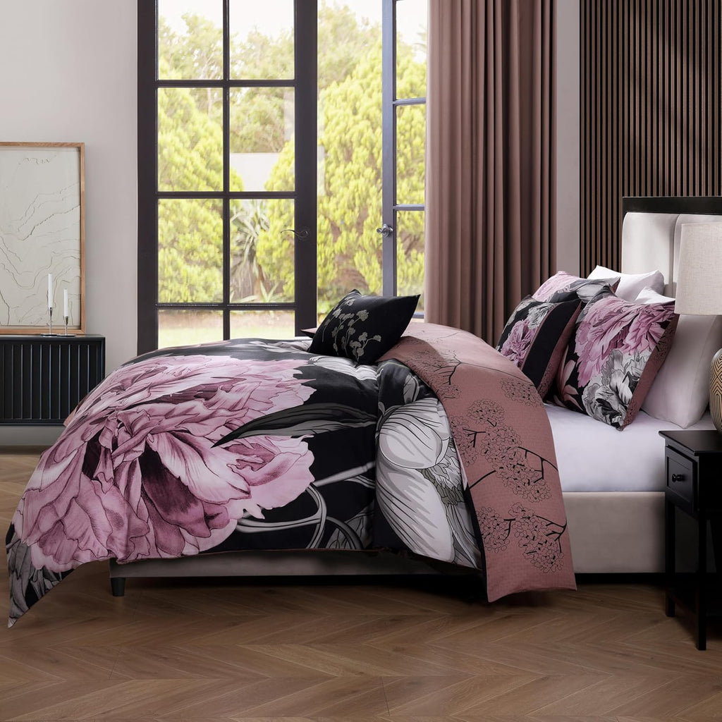 Bebejan Midnight Meadow 5 Piece Comforter Set, 100% Cotton Sateen, 220 Thread Count, Black Reversible Bedding Comforter Set, 1 Comforter, 2 Shams & 2 Pillows (Full/Queen)