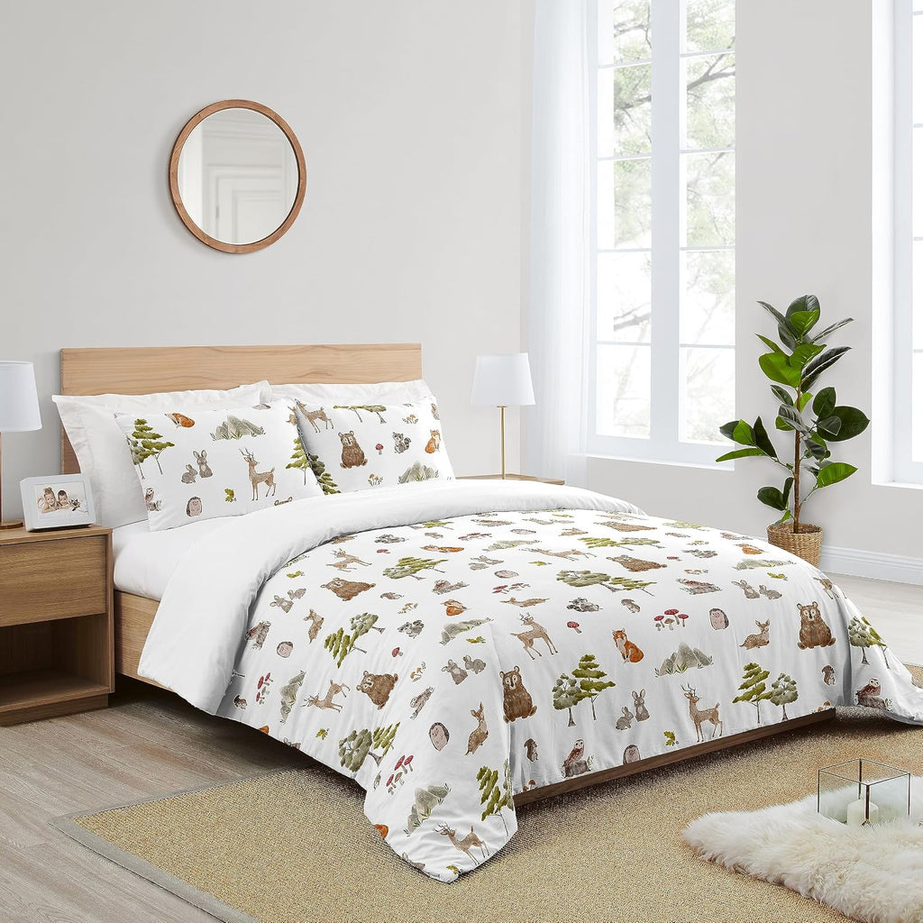 Sweet Jojo Designs Woodland Forest Animals Boy Girl Gender Neutral Unisex Queen Comforter Set Full Size Bedding Kids Teen Adult Bed Room 3pc Brown Bear Owl Animal Print Tree Deer Bunny Taupe Friends