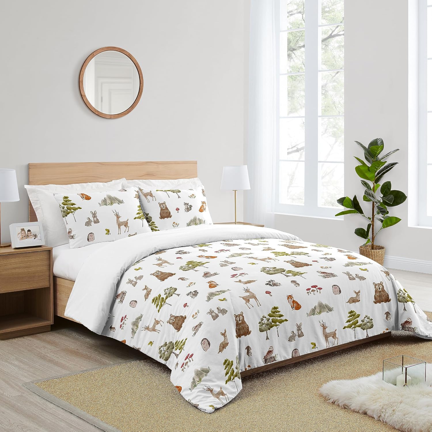 Sweet Jojo Designs Woodland Forest Animals Boy Girl Gender Neutral Unisex Queen Comforter Set Full Size Bedding Kids Teen Adult Bed Room 3pc Brown Bear Owl Animal Print Tree Deer Bunny Taupe Friends