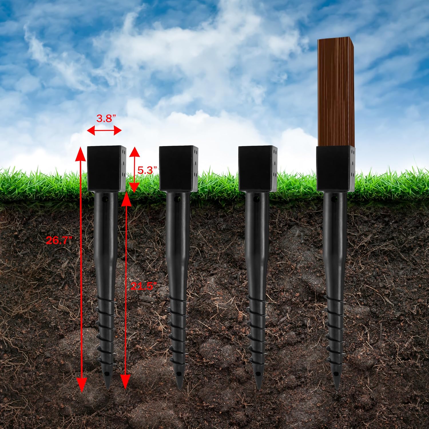 (Set of 4) LADECH Premium No Dig Ground Anchor – DIY Screw in Post Stake – 27 Inch – Fits Standard 4x4 Post (3.5' X 3.5' Inch) – Great for Mailbox Posts and Fence Posts