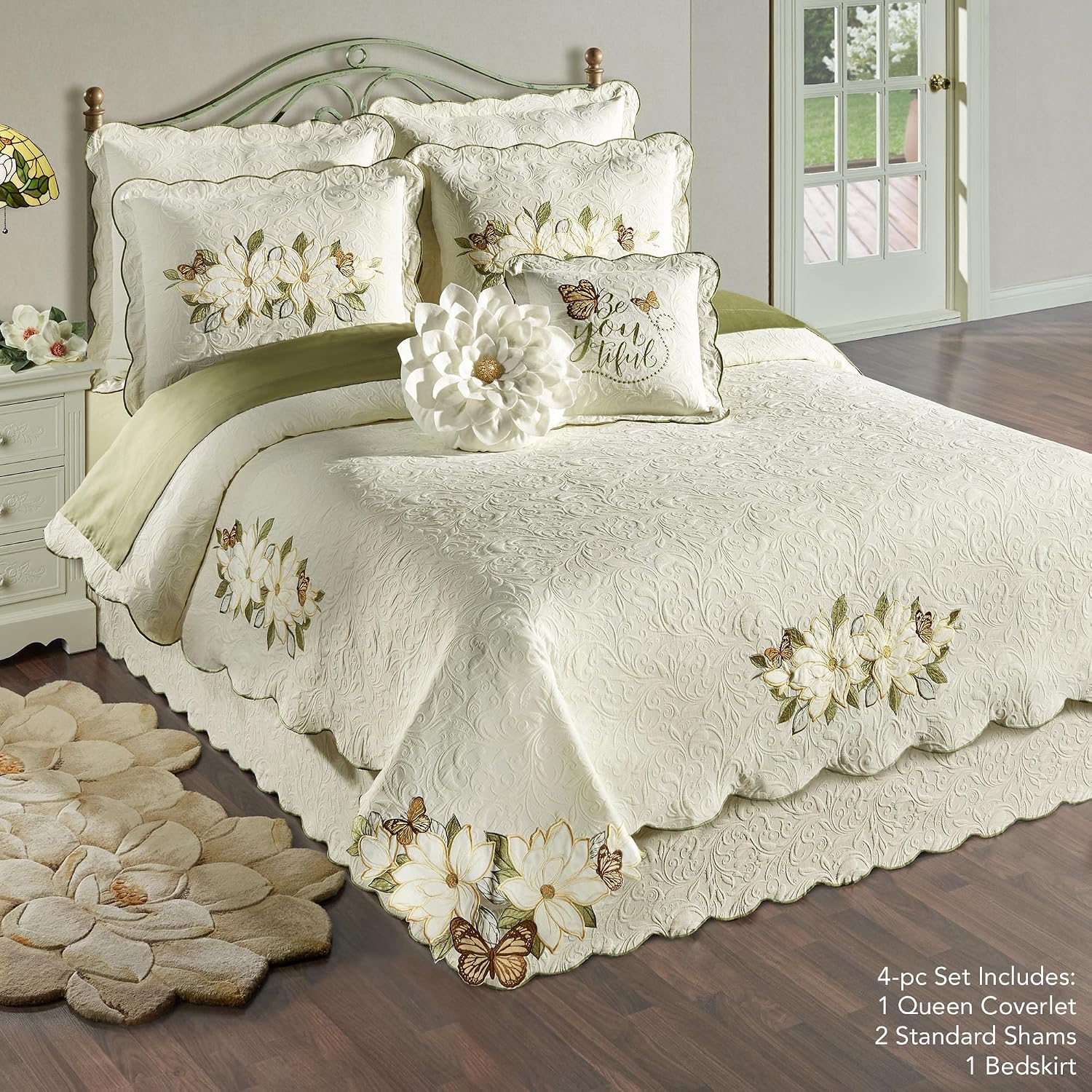 Sweetbay Garden Luxury Matelasse Bedding | Magnolia Flower, Butterfly, & Leaf Velvet Appliques | 4-Pc Ivory Textured Scroll Lightweight Bed Set: Oversized Queen Coverlet, Bedskirt, & 2 Standard Shams