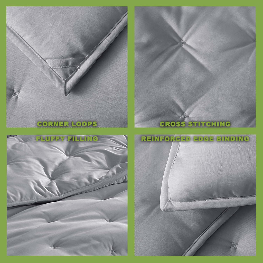 100% Viscose Derived from Bamboo Quilt Set, Soft Dreamer Cross Stitch Bedding, All Season Down Alternative Comforter with 4 Corner Loops, 3-Piece Set, Full/Queen, Silver Grey