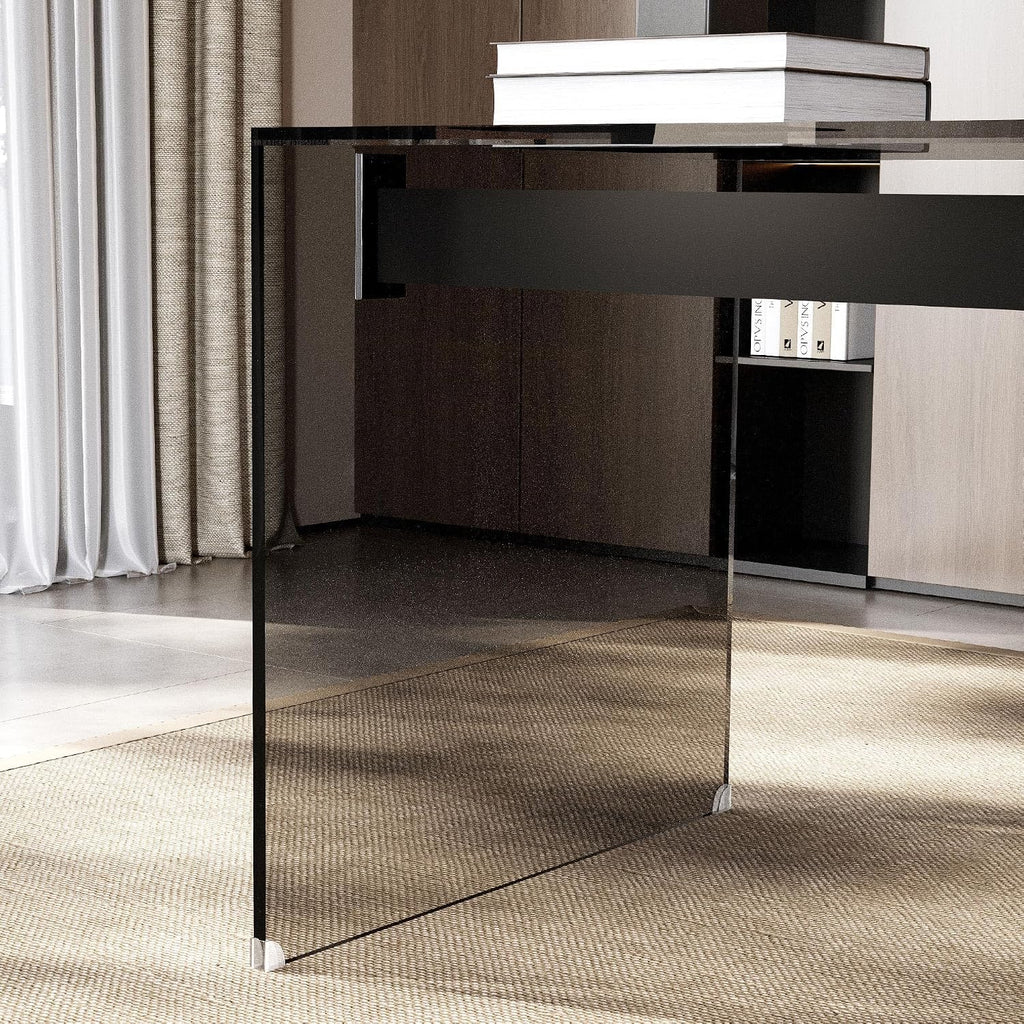 53.14' Modern Tempered Glass Executive Desk with Drawer, Black Wood Finish and Tempered Glass Legs – Minimalist Stylish Workstation Table for Home Office