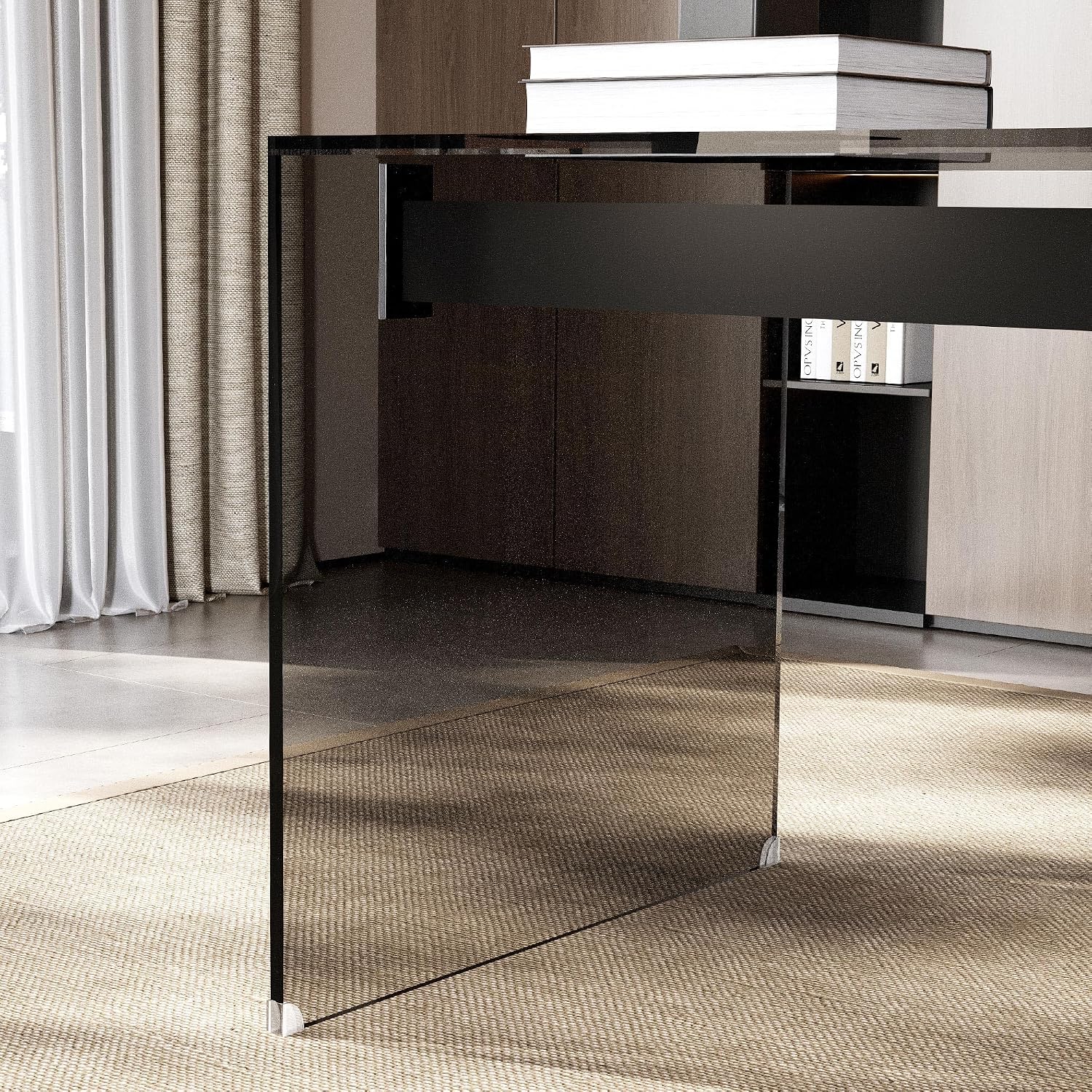 53.14' Modern Tempered Glass Executive Desk with Drawer, Black Wood Finish and Tempered Glass Legs – Minimalist Stylish Workstation Table for Home Office