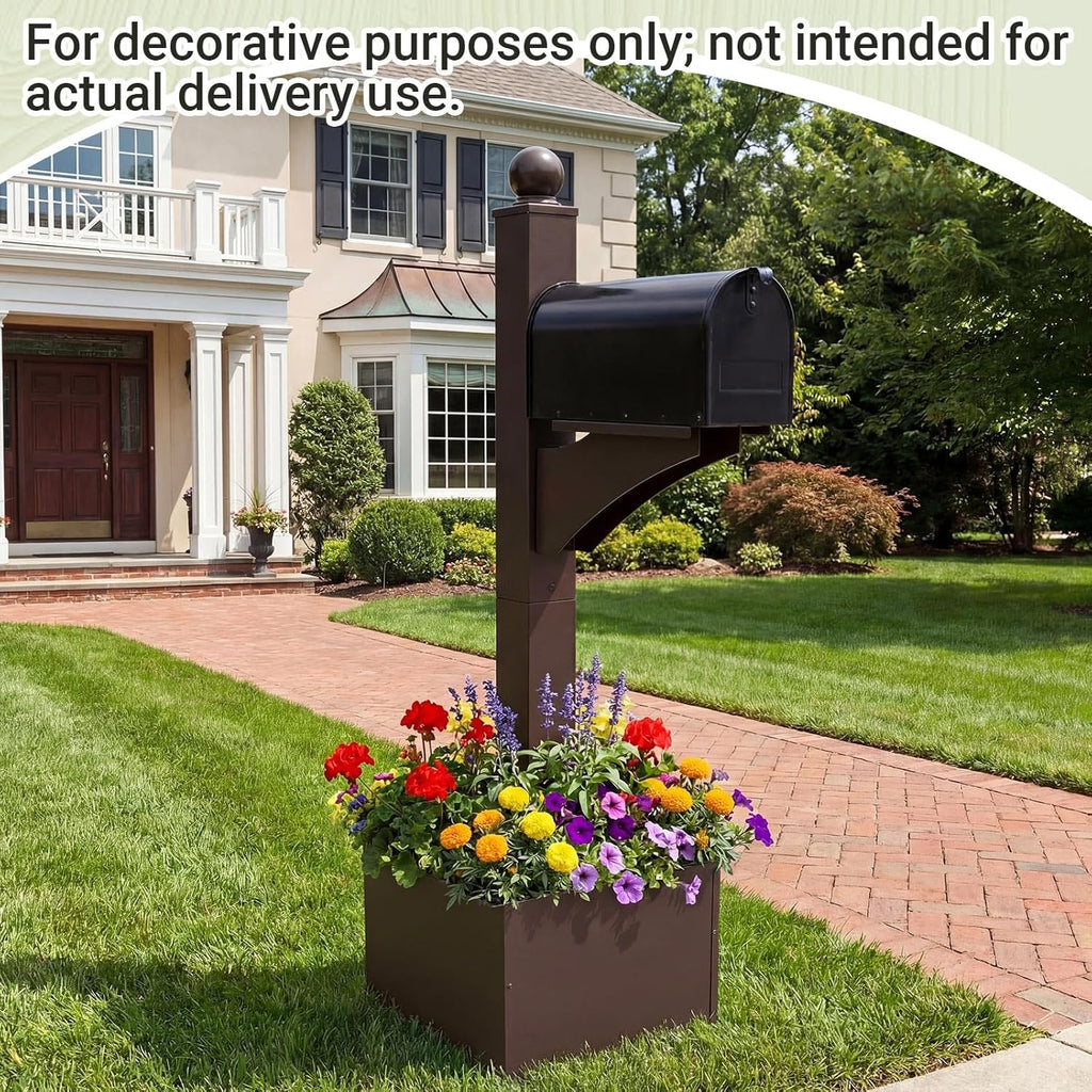 Colingmill 1 Set Iron Mailbox Posts with Planter Box for Outside 56 Inch / 4.6 ft Tall Decorative Mount with Flower Box Heavy Duty Architectural Post(Brown)