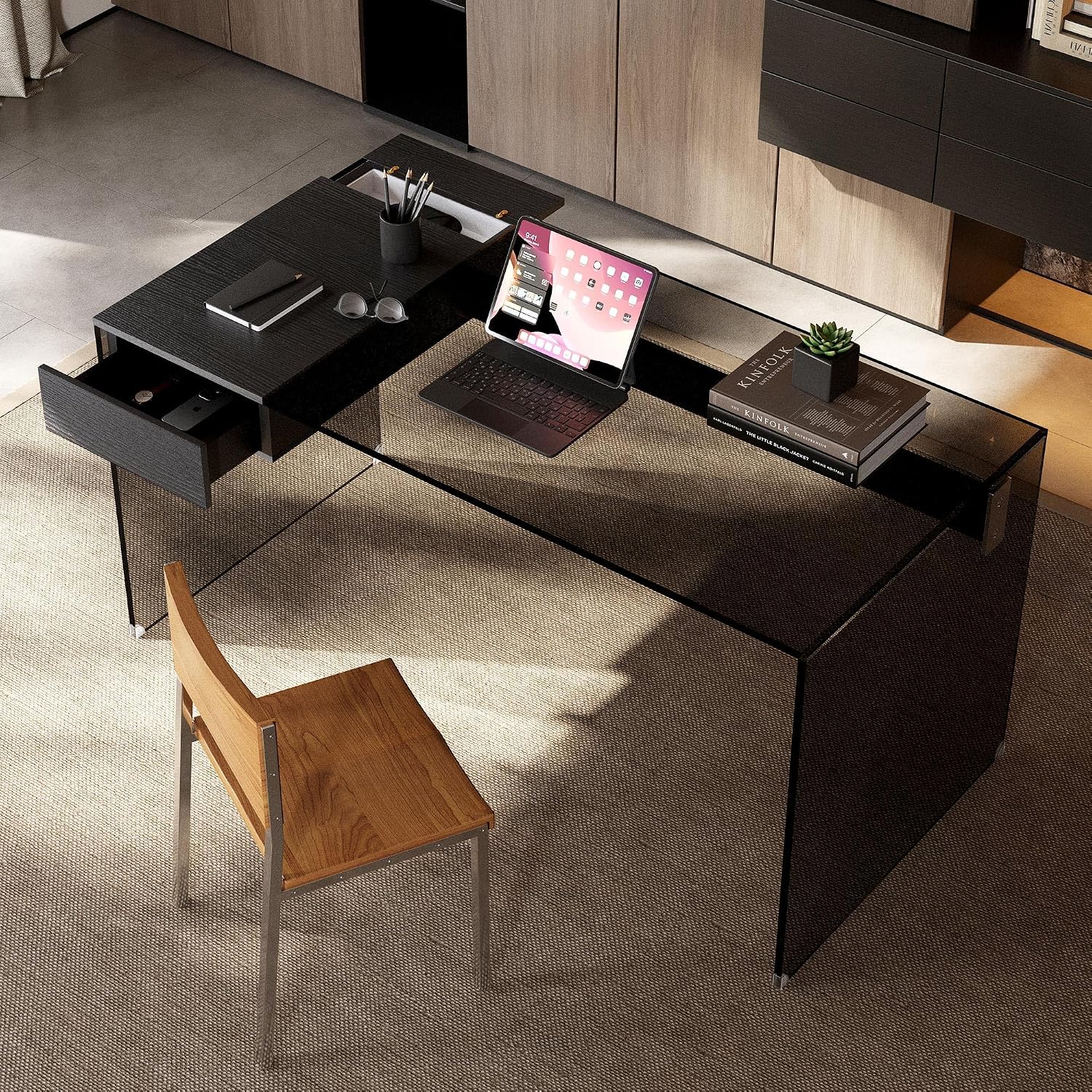 53.14' Modern Tempered Glass Executive Desk with Drawer, Black Wood Finish and Tempered Glass Legs – Minimalist Stylish Workstation Table for Home Office