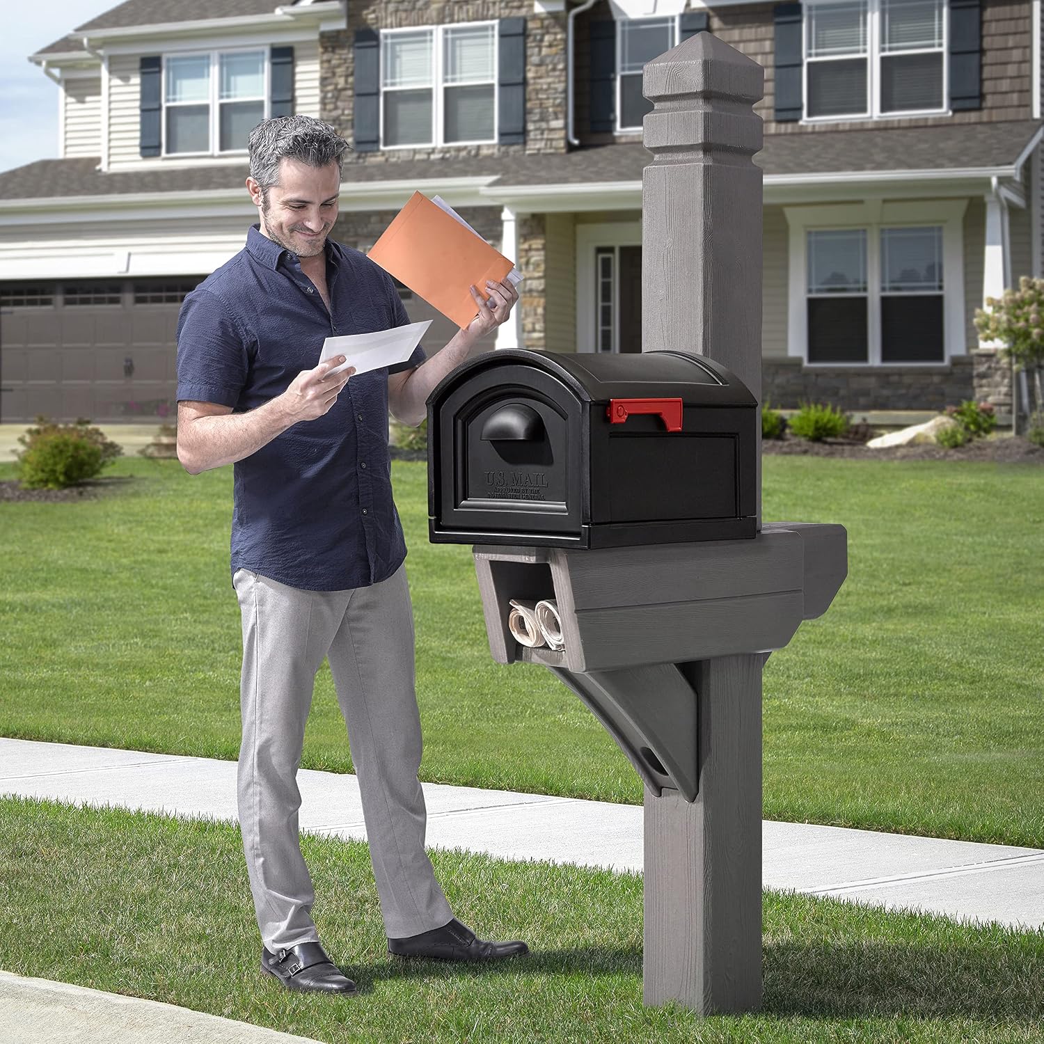 Step2 Highland Extra Large Mailbox & Post, Weather Resistant, Large Outdoor Mailboxes, Made of Durable Plastic, Easy to Install, Flag Included, Dark Cedar