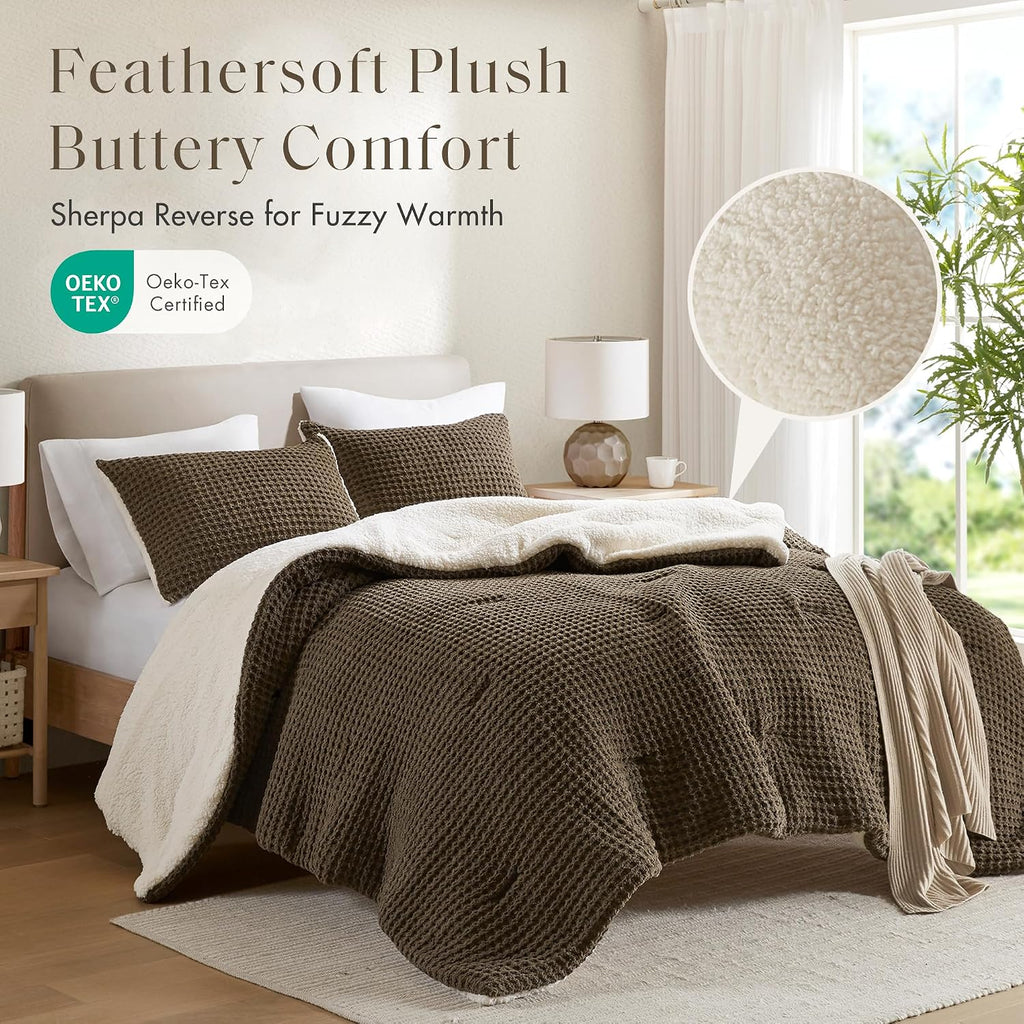 Madison Park Queen Comforter Set Cotton Chenille Waffle Comforters Queen Size Bed, All Season Down Alternative Sherpa Bedding Queen Size Comforter, Riordan, Full/Queen Brown 3 Piece