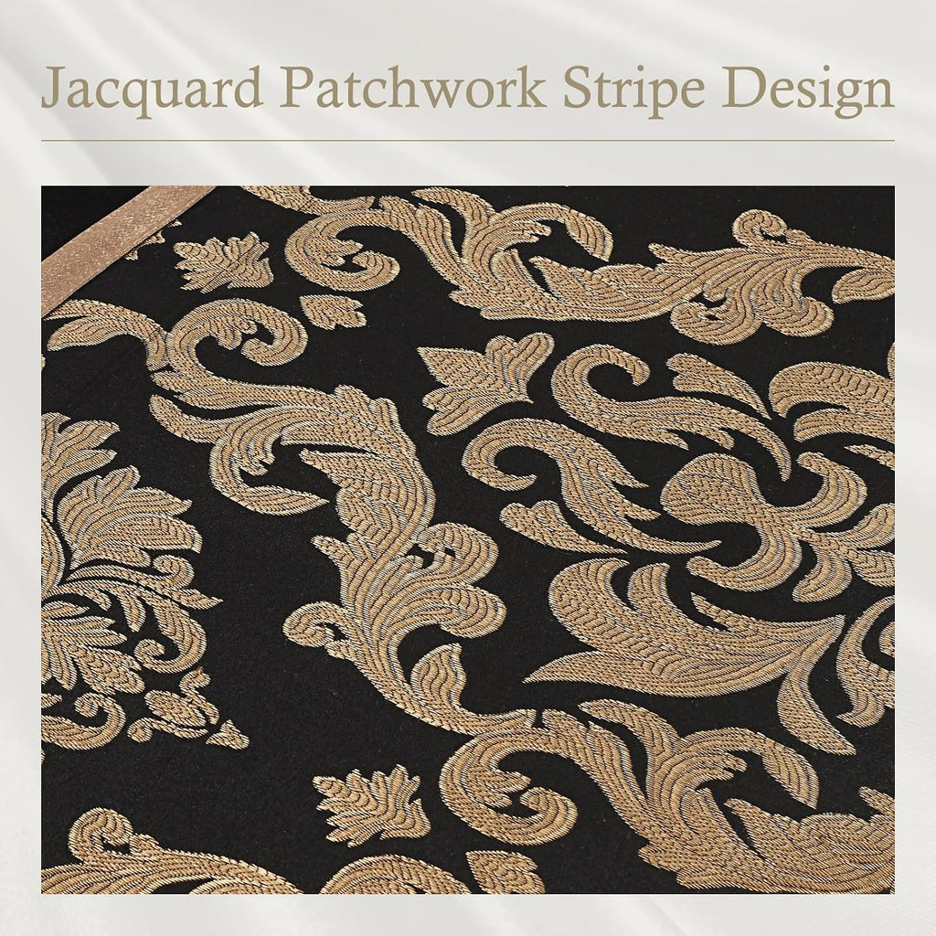 Finlonte Black Gold Comforter Set Queen Size - Luxury Jacquard Floral 7-Piece Silky Bed in a Bag, Vintage Patchwork All Season Down Alternative Bedding Set with Matching Pillows, Shams, Bed Skirt