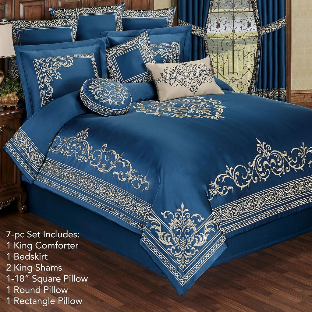 Buckingham Luxury Bedding | Royal Sapphire Blue | Palace-Inspired Elegant Golden Scrollwork Embroidery on Sateen | 7 Piece Set Includes King Comforter, Bedskirt, 2 King Shams & 3 Decorative Pillows