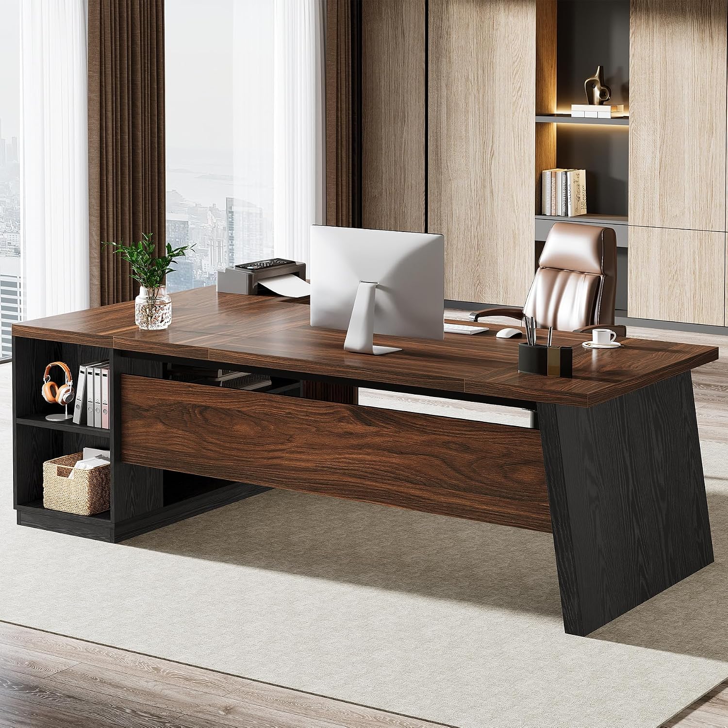 Tribesigns 78-Inch L-Shaped Executive Desk, Large Computer Desk with 2 Drawers and Storage Shelves, Business Furniture Workstation for Home & Office (Brown and Black)