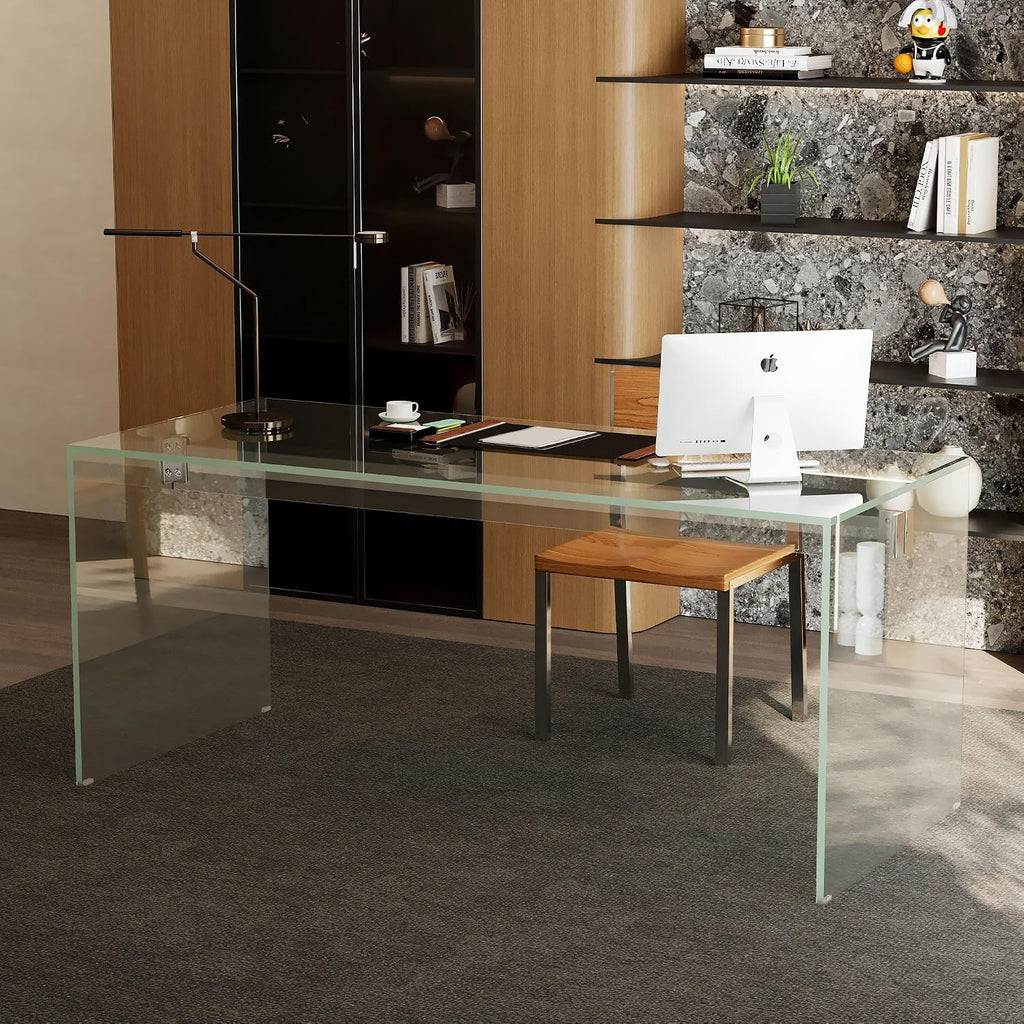 53.14' Modern Tempered Glass Executive Desk with Drawer, Black Wood Finish and Tempered Glass Legs – Minimalist Stylish Workstation Table for Home Office (Transparent Glass Desk)