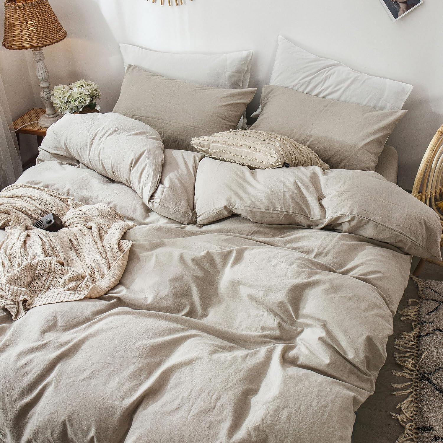 MooMee Bedding Duvet Cover Set 100% Washed Cotton Linen Like Textured Breathable Durable Soft Comfy (Heathered Tannish Linen Grey, Oversized King Plus 128'x120')