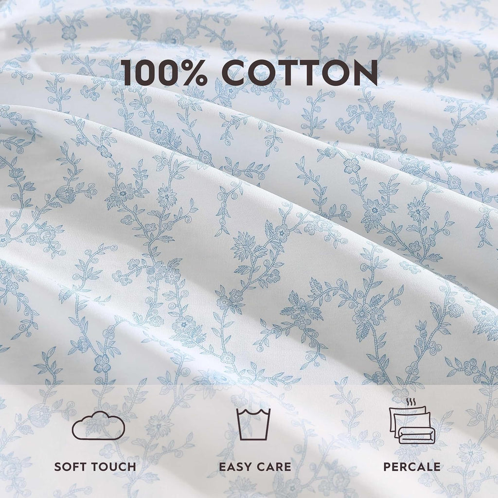 Laura Ashley - Twin XL Size Sheet Set, Crisp Cotton Percale Bedding with Ruffle Pillowcase, Fully Elastic Deep Pocket Fitted Sheet, Floral Room Decor, Breathable All-Season Comfort (Victoria Blue)