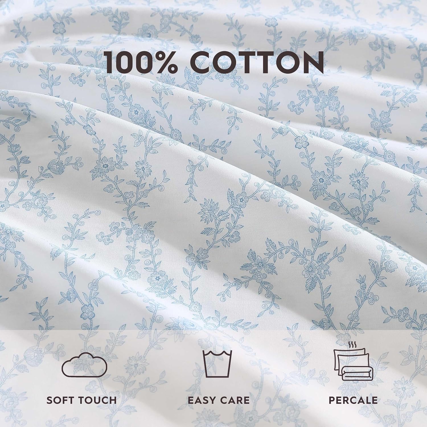 Laura Ashley - Twin XL Size Sheet Set, Crisp Cotton Percale Bedding with Ruffle Pillowcase, Fully Elastic Deep Pocket Fitted Sheet, Floral Room Decor, Breathable All-Season Comfort (Victoria Blue)