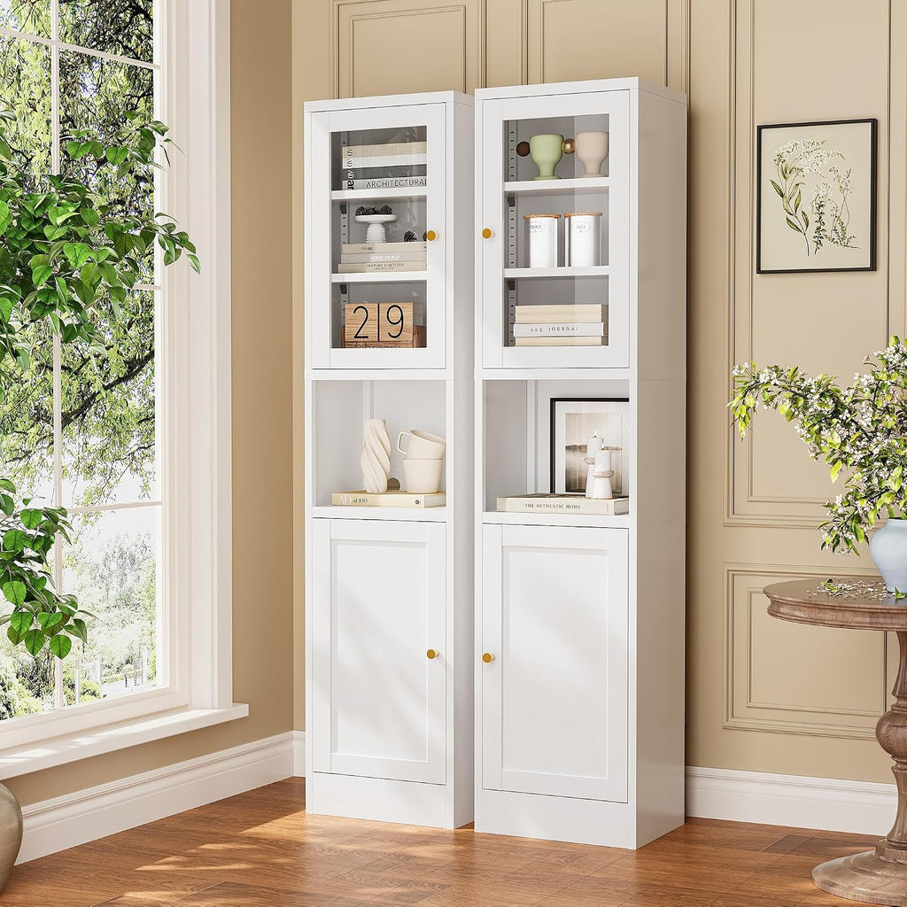 Narrow Glass Door Storage Cabinet Tall Metal Storage Cabinets with 4 Adjustable Shelves Freestanding 5 Tier Slim Pantry Cabinet for Kitchen Office Small Space