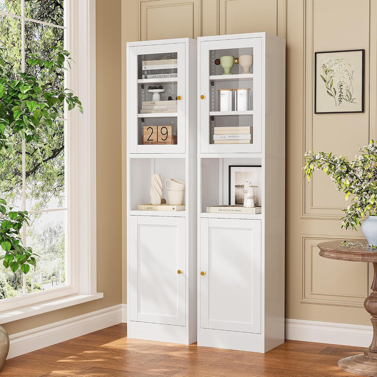 Narrow Glass Door Storage Cabinet Tall Metal Storage Cabinets with 4 Adjustable Shelves Freestanding 5 Tier Slim Pantry Cabinet for Kitchen Office Small Space