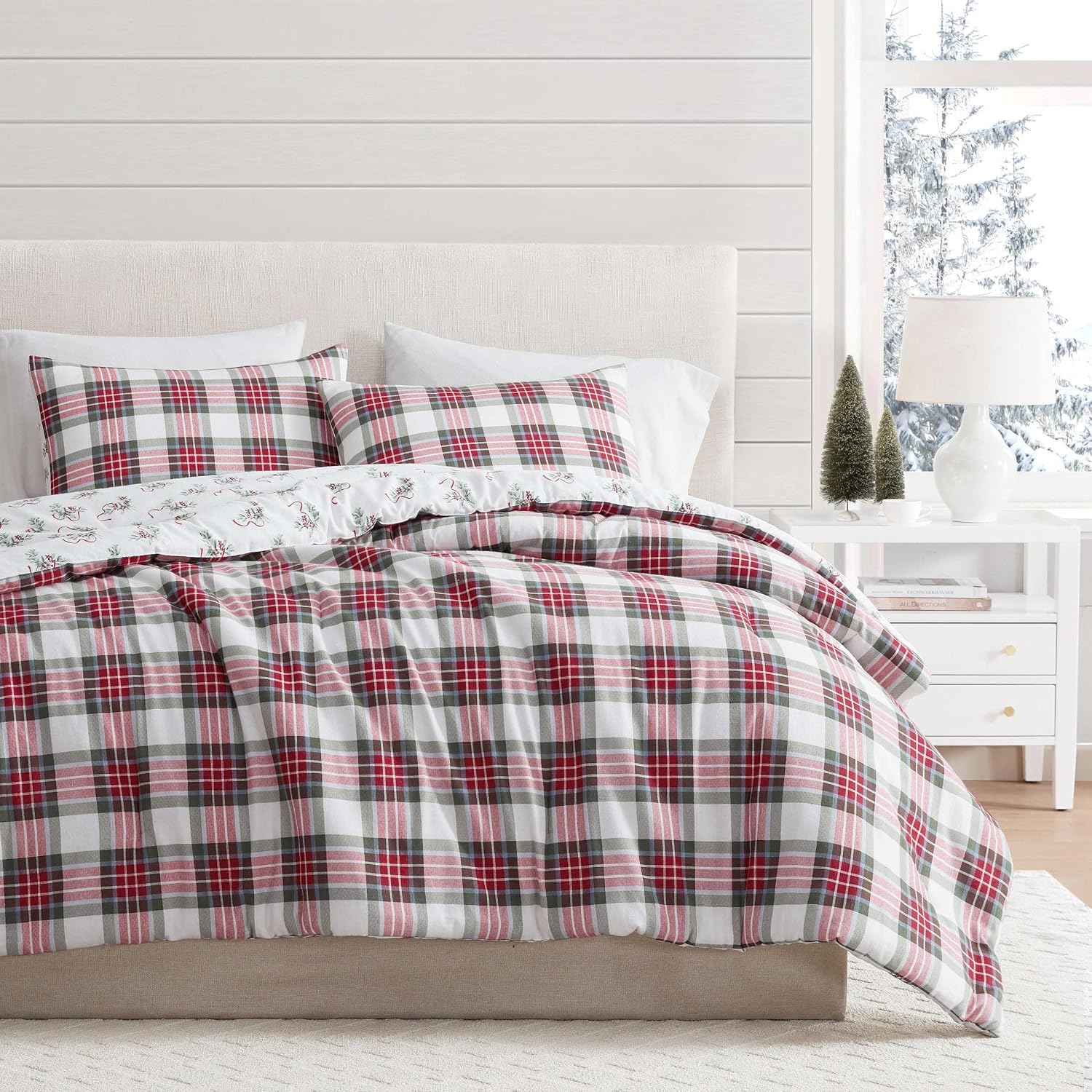 Martha Stewart - Queen Bedding Comforter Sets, Wonderfully Plush & Naturally Soft Cotton Flannel Bedding w/Matching Pillowcases, 3 Piece Bed Sets (Yuletide Spruce Plaid/Holiday Ribbons Red)