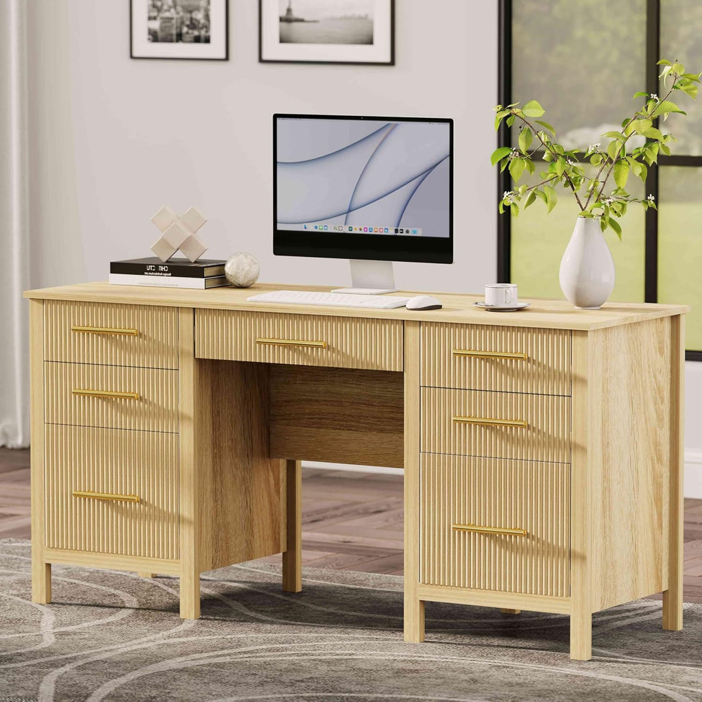 Modern Executive Desk with Drawers: 60' Oak Home Office Desks with File Drawers, Wood Fluted Computer Writing Desk for Work, Study, and Living Room (60')