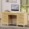 Modern Executive Desk with Drawers: 60' Oak Home Office Desks with File Drawers, Wood Fluted Computer Writing Desk for Work, Study, and Living Room (60')