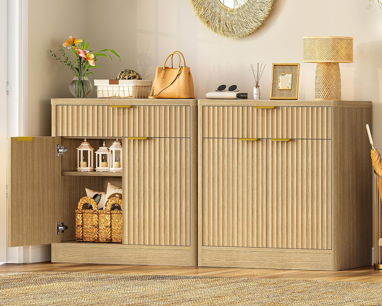 TEENFON 31.5' W Storage Cabinet with Drawer and Adjustable Shelf, Coffee Bar Cabinet, Fluted Sideboard Buffet Cabinet with 2 Doors for Living Room, Kitchen, Entryway, Natural
