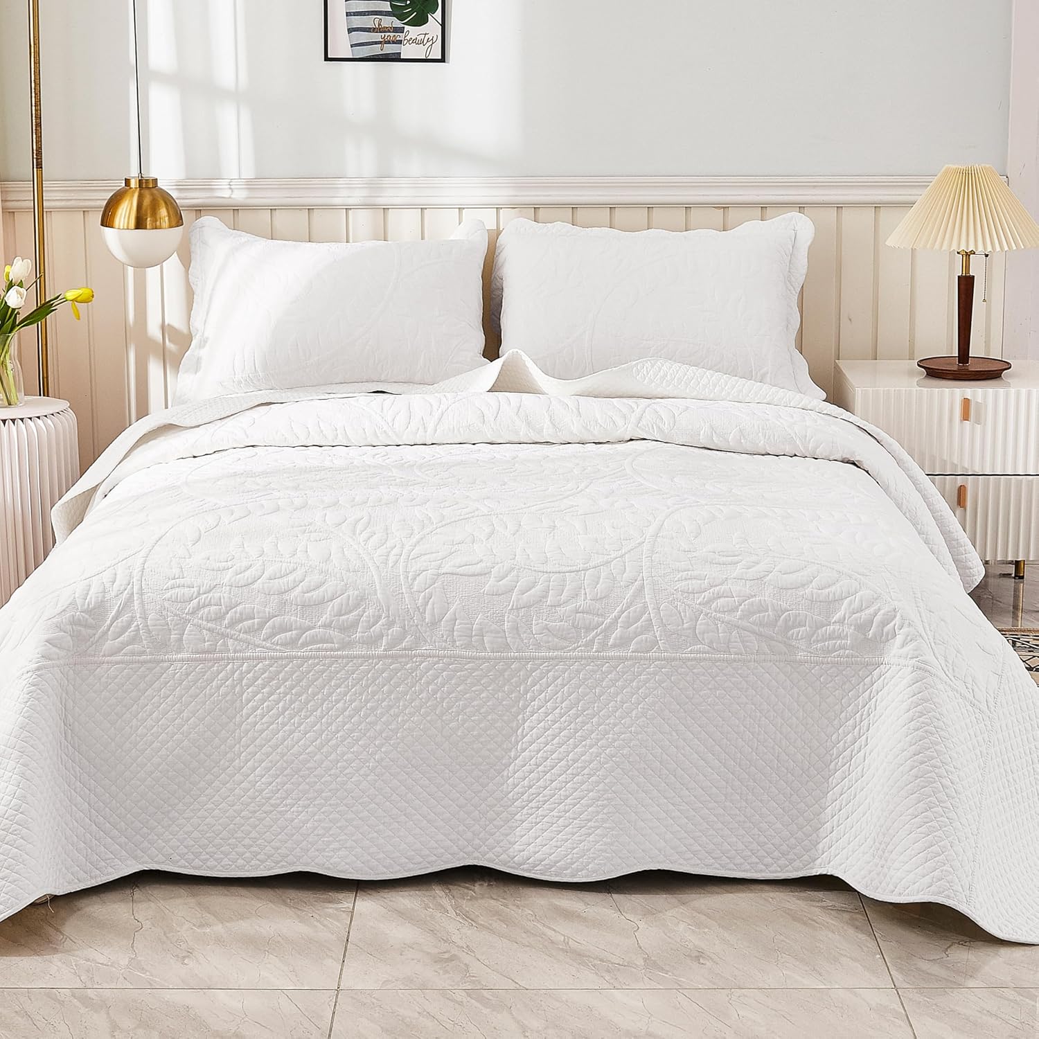 MarCielo 3-Piece 100% Cotton Oversized Bedspread Lightweight Quilt Coverlet Embroidery Farmhouse Bedding Set T0 (Bright White, Oversized Queen (100'x106'))