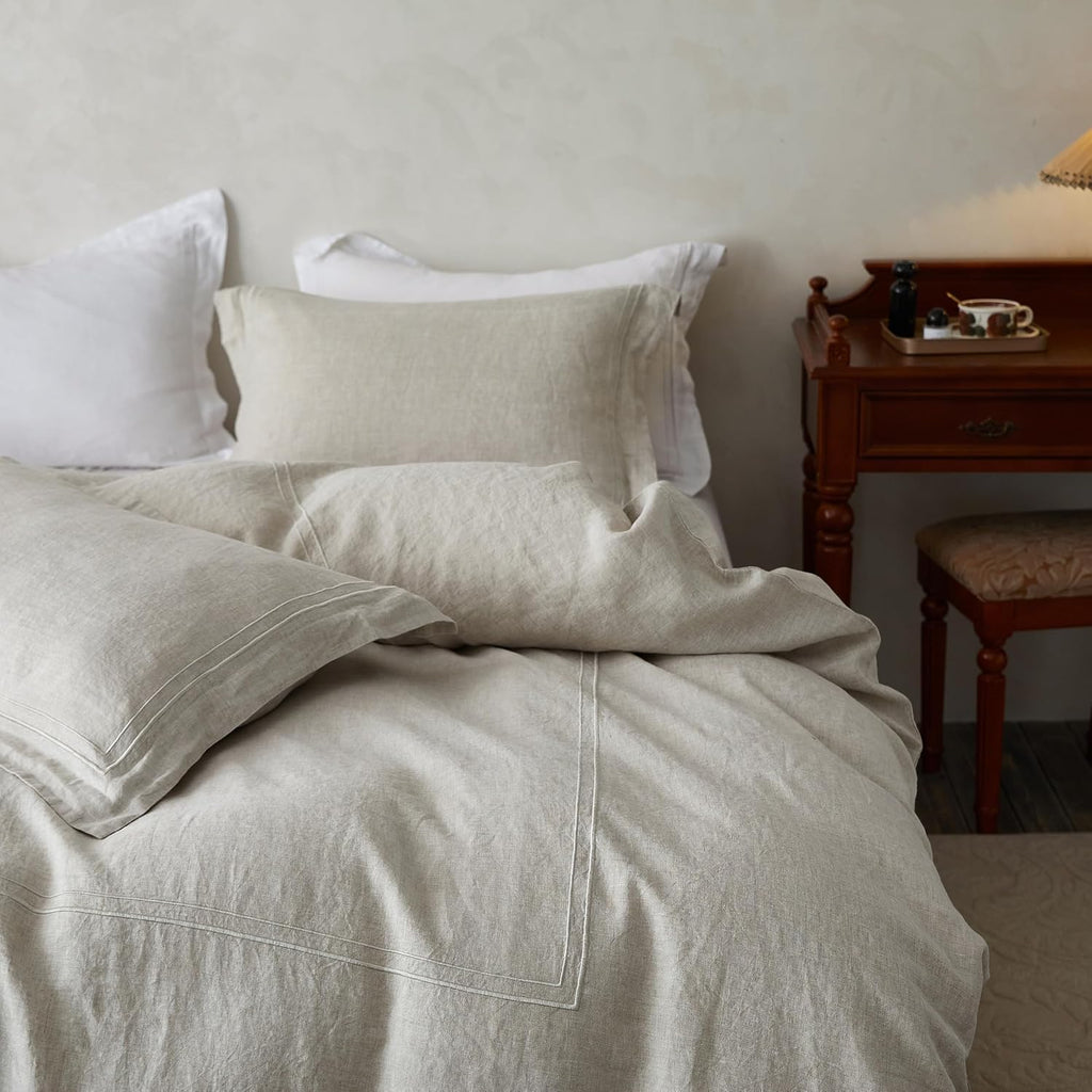 Simple&Opulence 100% Washed Linen Duvet Cover Set 68'x86' - 2 Pieces Soft Farmhouse Comforter Set Double Embroidered with Button Closure - 1 Duvet Cover and 1 Pillowsham (Linen, Twin)