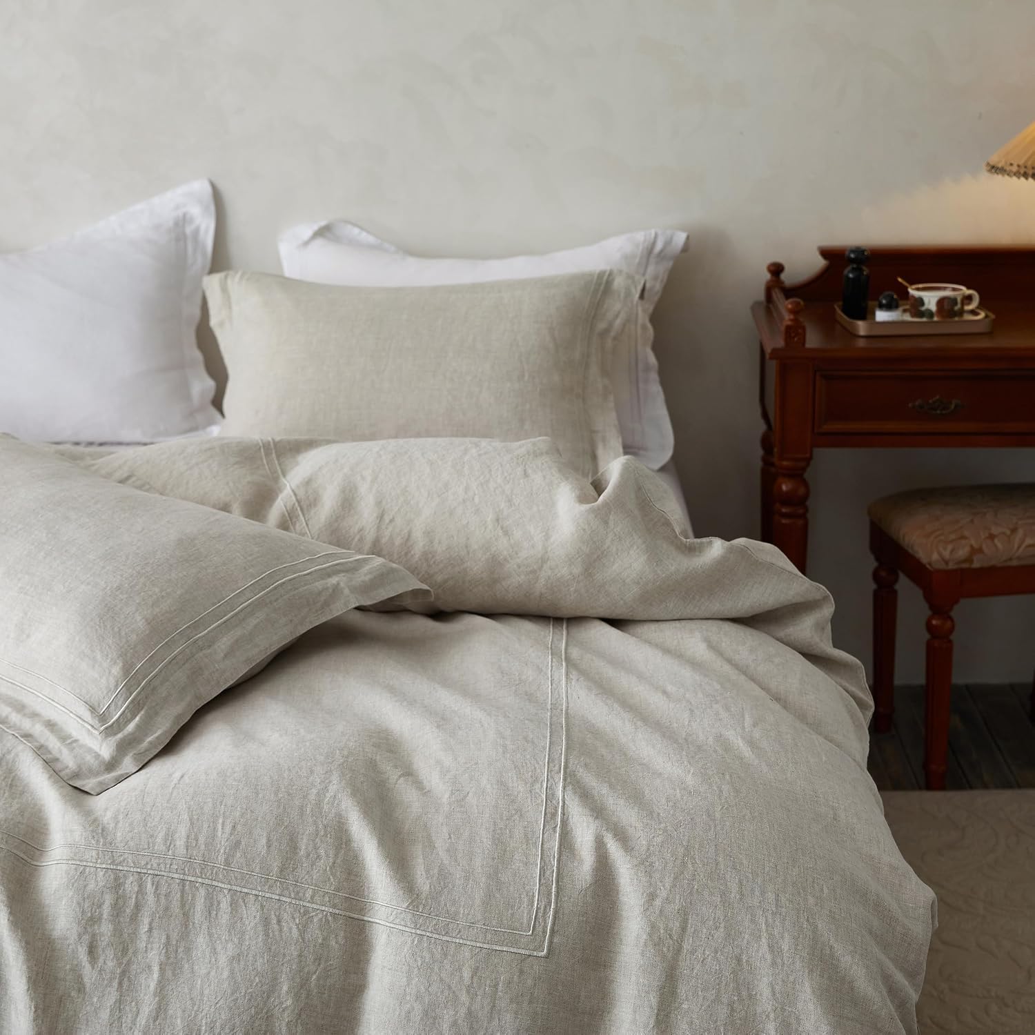 Simple&Opulence 100% Washed Linen Duvet Cover Set 68'x86' - 2 Pieces Soft Farmhouse Comforter Set Double Embroidered with Button Closure - 1 Duvet Cover and 1 Pillowsham (Linen, Twin)