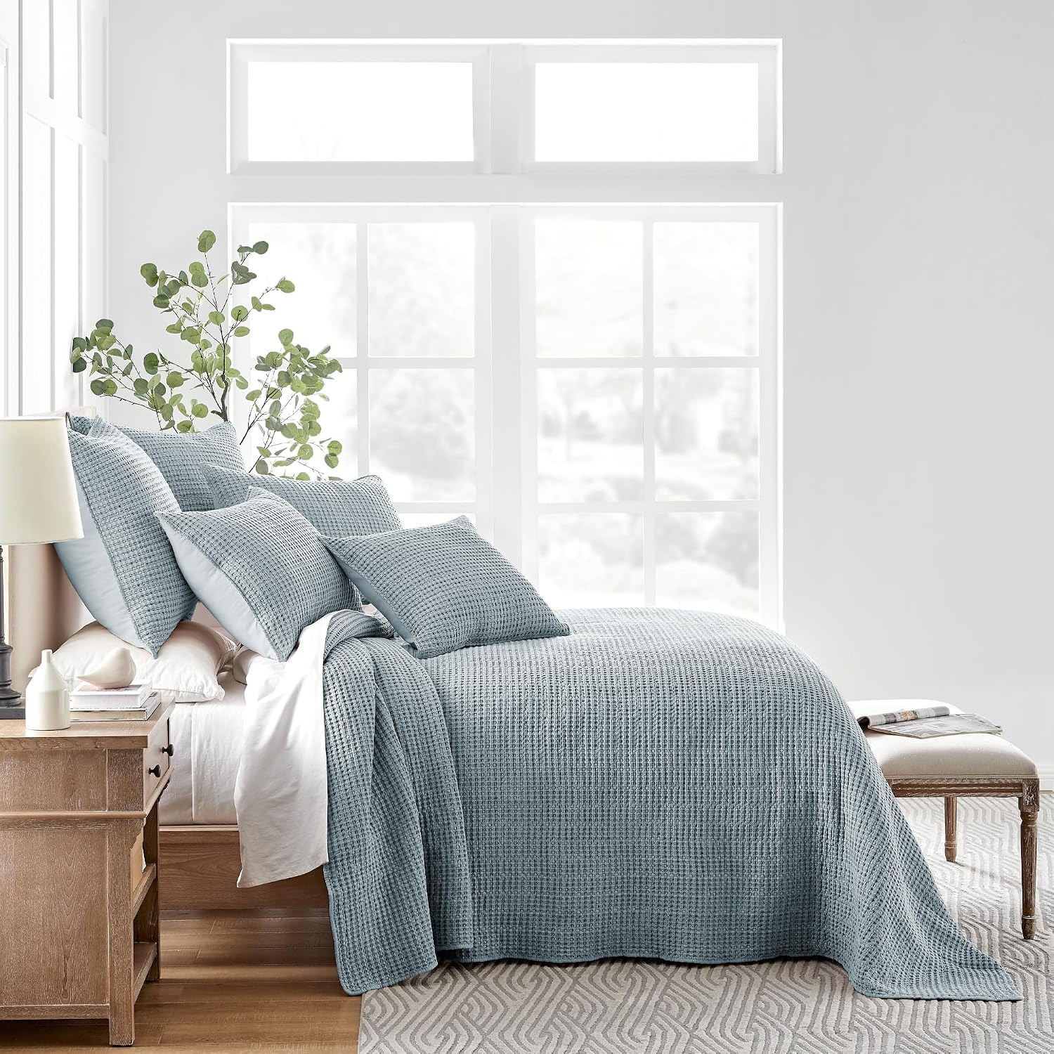Levtex Home Mills Waffle Queen Bedspread Set (106x106in) with 2 Pillow Shams (26x20in) - Chambray - Cotton Waffle Queen Size Bedspread Set - Lightweight, Soft, Pre-Washed