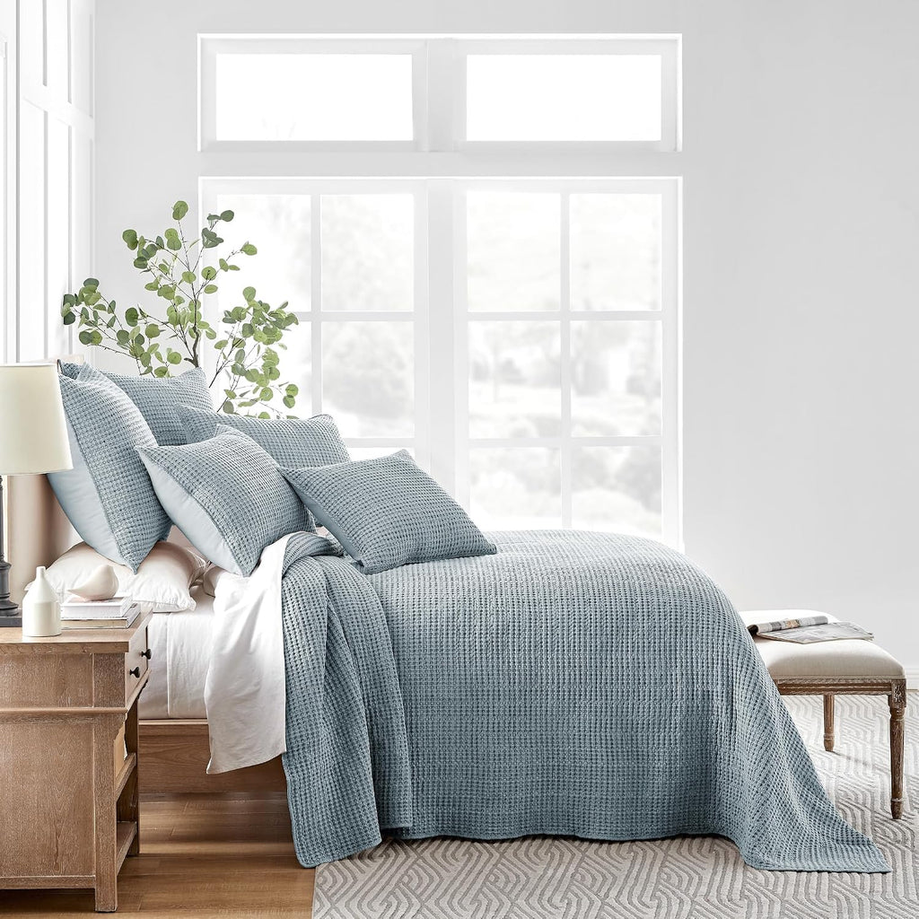 Levtex Home Mills Waffle King Bedspread Set (122x106in) with 2 Pillow Shams (36x20in) - Chambray - Cotton Waffle King Size Bedspread Set - Soft, Pre-Washed