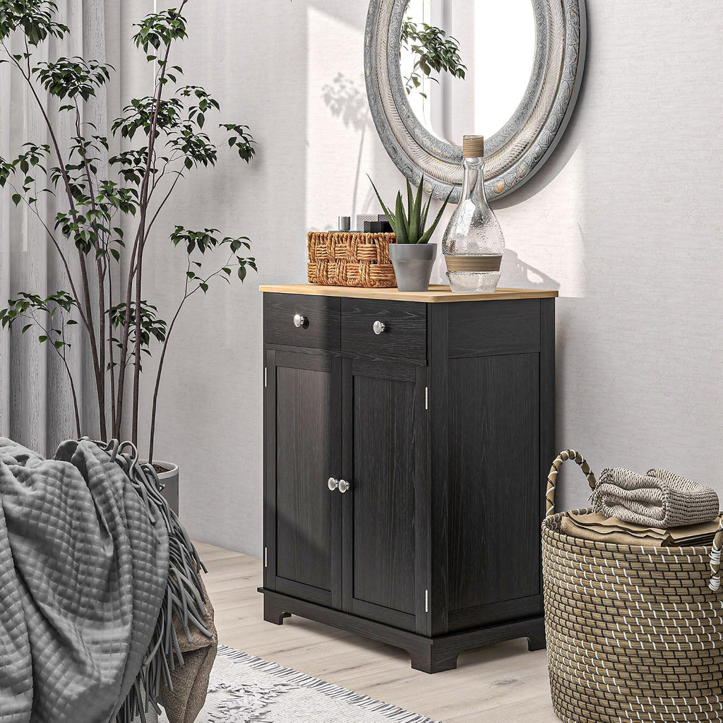 HOMCOM Sideboard Buffet Cabinet with Solid Wood Countertop, Modern Kitchen Storage Cabinet, Coffee Bar Cabinet with 2 Drawers, Doors and Adjustable Shelf, Distressed Black