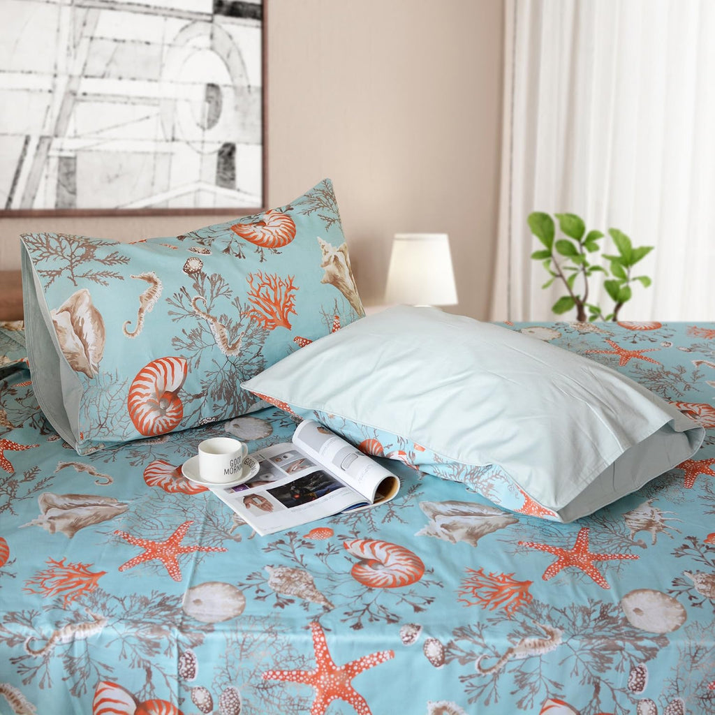 Brandream Luxury Nautical Bedding Queen Size Sheets Set Egyptian Cotton Coastal Beach Bed Sheet Set Deep Pockets 18 Inch 4-Piece Bed Sheets