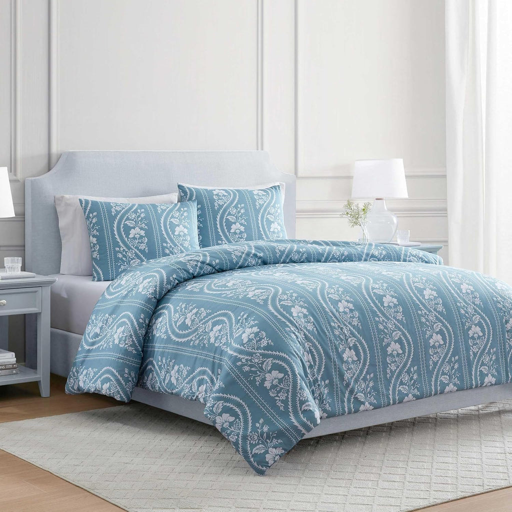 Martha Stewart - Twin Comforter Set, Smooth Sateen Front with Subtle Sheen & Lightweight Cotton Percale Reverse, 2 Piece Bed Set with Matching Pillowcase (Sophia Stripe Blue)
