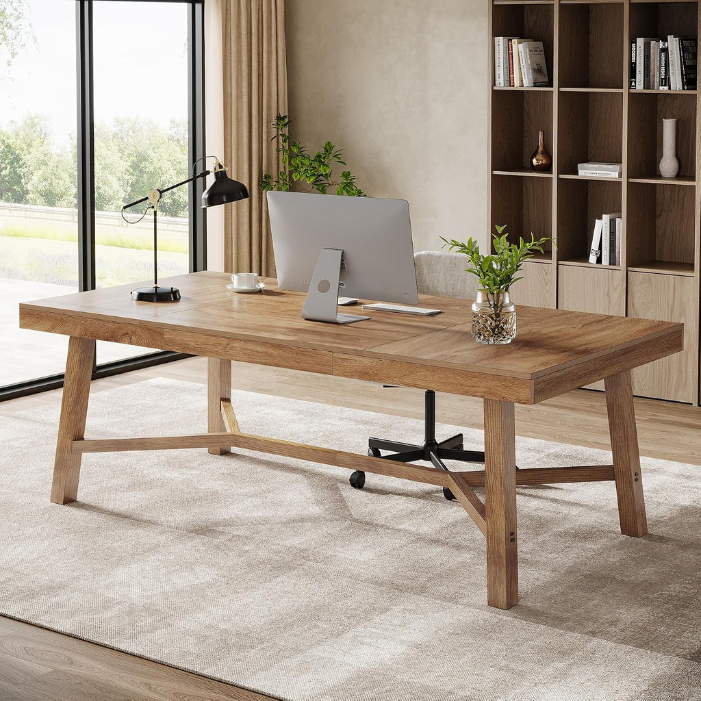 Tribesigns 71-Inch Executive Desk, Farmhouse Office Computer Desk with Sturdy Leg Structure, Rectangular Writing Table Business Furniture for Home Office, Natural