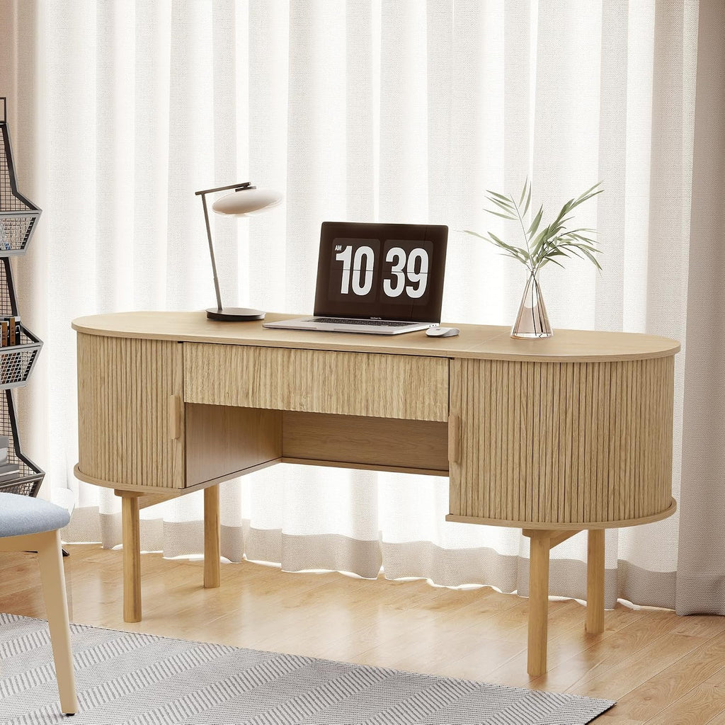 Executive Office Desk with Storage, 63 Inch Large Computer Workstation Desk with Drawer and File Cabinets, Mid Century Modern Fluted Wood Writing Desk for Home Office, Study Room, Living Room, Natural