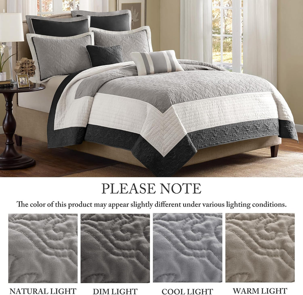 Madison Park Attingham Reversible Quilt Set - All Season Breathable Coverlet, Lightweight Cozy Bedding Layers, Matching Shams, Full/Queen(90'x90'), Black Multi 7 Piece