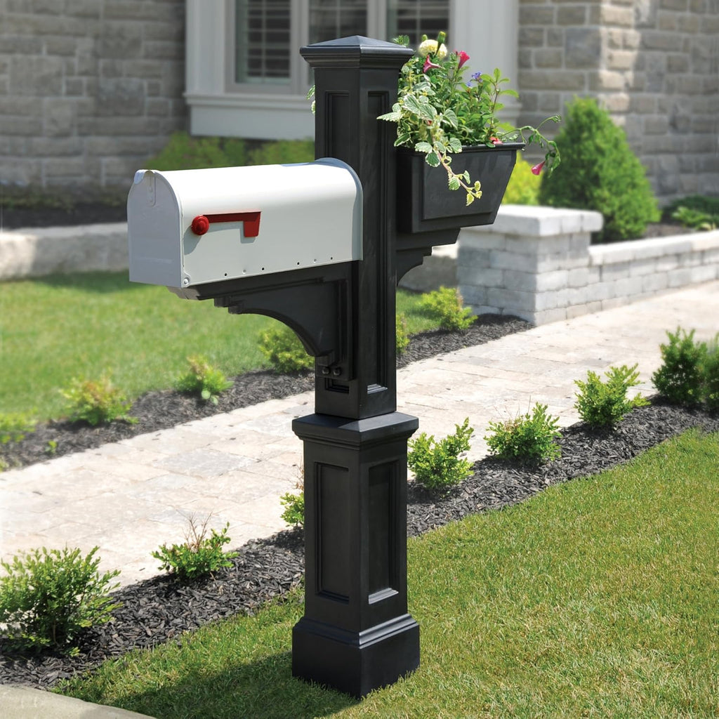 Mayne Westbrook Mailbox Post with Standard Arm and Planter – Weather-Resistant, Durable Classic Design – Easy-to-Install Outdoor Mailbox Post