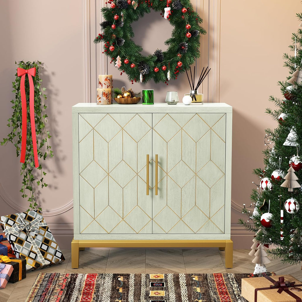 ARTPOWER Green Accent Cabinet with Doors, Modern Wooden Sideboard, Carved Decorative Storage Cabinets for Living Room, Kitchen, Office, and Hallway, Green with Gold Legs