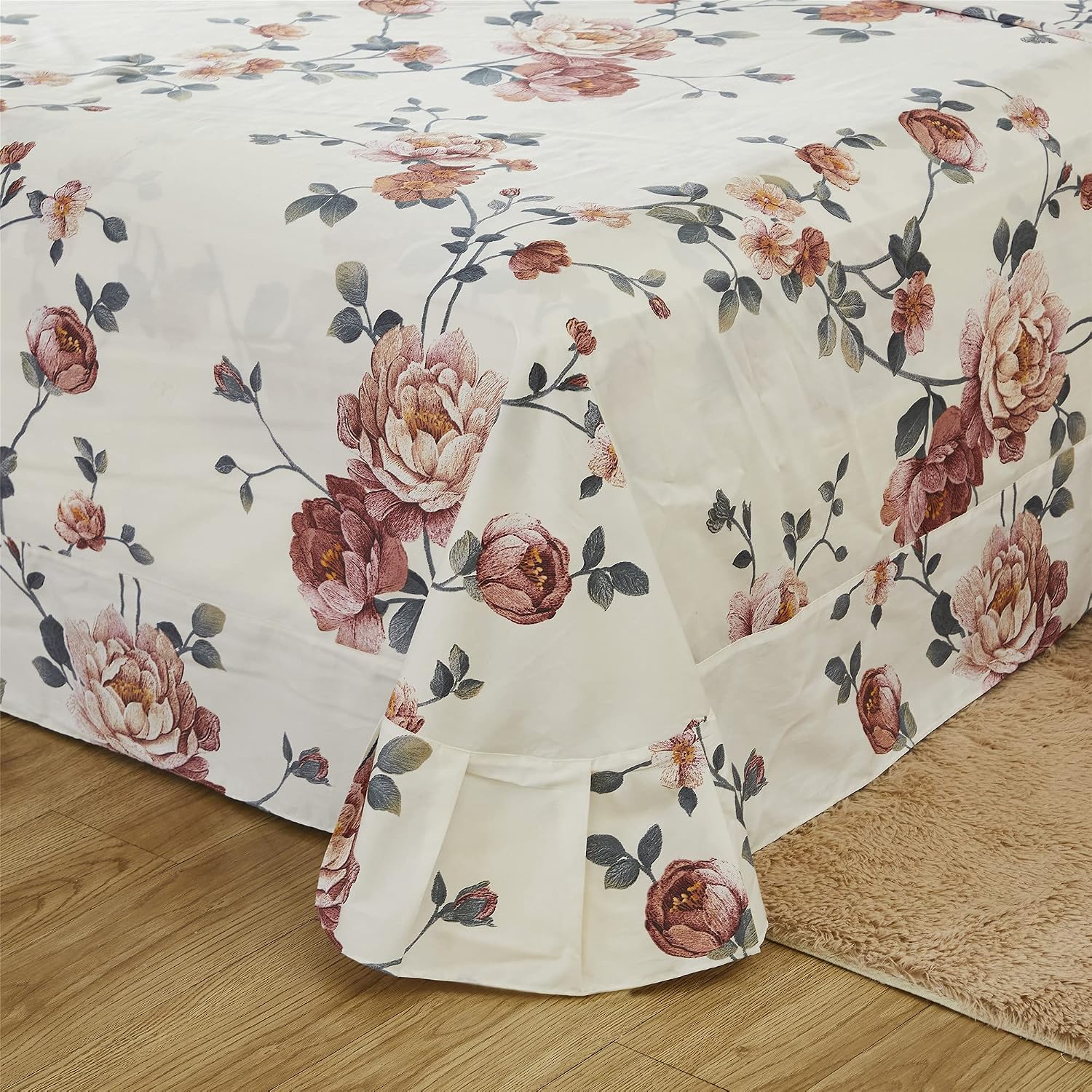 FADFAY Sheets Set Queen Shabby Beige Floral Bedding Elegant Peony Sheets Set Vintage Flower Bedding Collections Soft 100% Egyptian Cotton 800 Thread Count Deep Pocket Fitted Sheet, 4Pcs-Queen Size