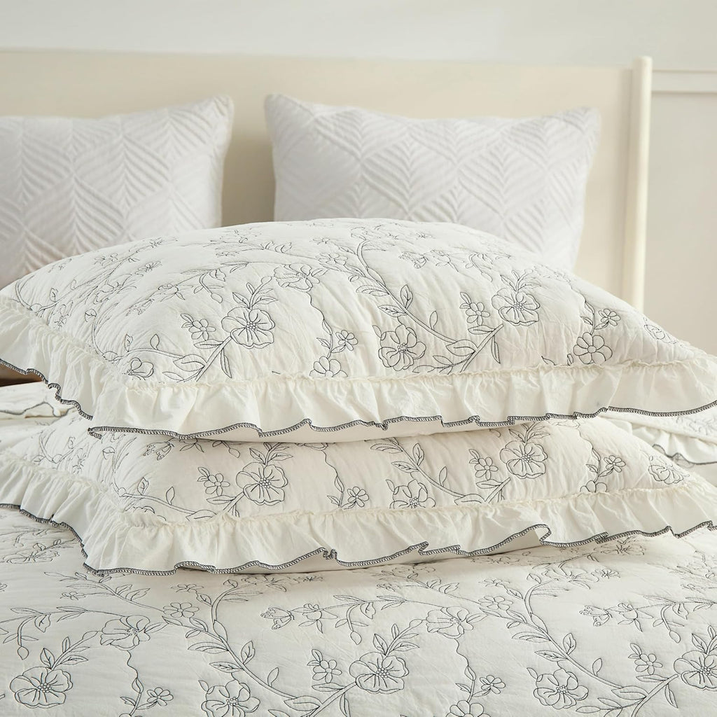 MarCielo 3-Piece 100% Cotton Bedspread Lightweight Quilt Coverlet Embroidery Farmhouse Bedding Set (Floral,King (106' X 98'))