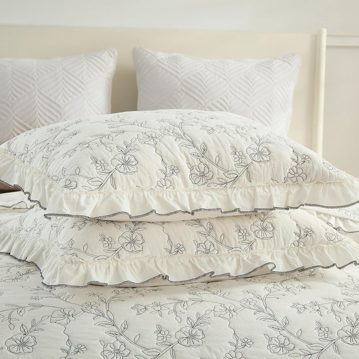MarCielo 3-Piece 100% Cotton Bedspread Lightweight Quilt Coverlet Embroidery Farmhouse Bedding Set (Floral,King (106' X 98'))